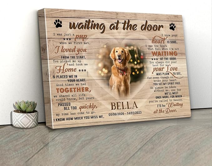 C80716 Personalized Memorial Canvas Gifts, Waiting At The Door, Dog Memorial Frames with Pictures, Gift For Dog Lover Mom Dad, Bereavement Sympathy