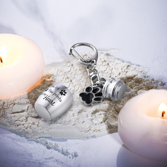 Tudomro 2 Pcs Pet Dog Urns Keychain for Ashes with 2 Storage Bags Small Cat Cremation Keepsake Jewelry Paw Print Memorial Urn
