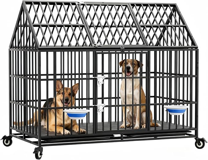 54 inch Indestructible Heavy Duty Dog Crate with 2 Bowls, Escape-Proof Indoor Impact Dog Cage for Large Giant Dogs, High Anxiety Pet Kennel with 2 Trays, 4 Wheels, 4 Locks and Double Door, XL XXL
