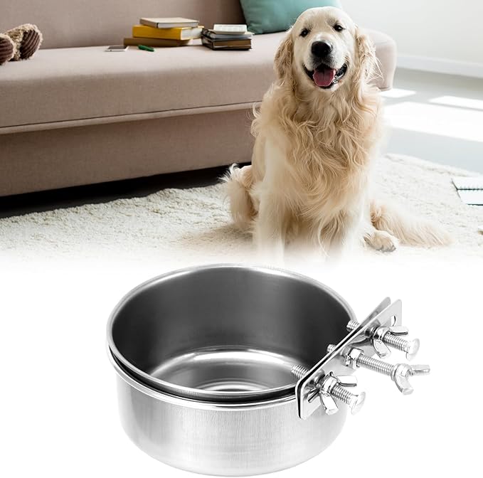 QWORK Kennel Water Bowl, 2 Pcs, Stainless Steel, Rust Resistant, Wide-Mouth Design, Twist On/Off Mounting