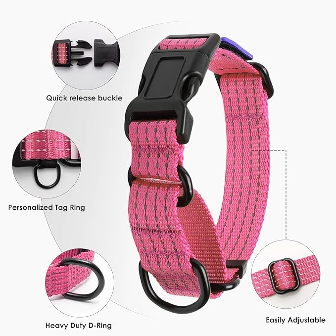 Martingale Dog Collar, Reflective No Pull Training Collar with Quick Release Buckle & USA Flag, Heavy-Duty Nylon, Adjustable for Small Medium Large Dogs (S,Pink with Flag