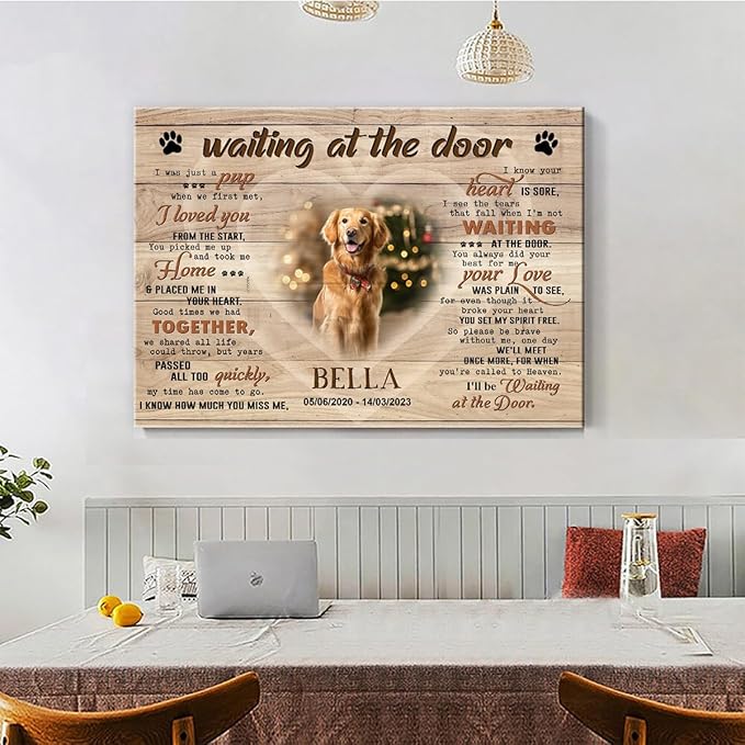 C80716 Personalized Memorial Canvas Gifts, Waiting At The Door, Dog Memorial Frames with Pictures, Gift For Dog Lover Mom Dad, Bereavement Sympathy