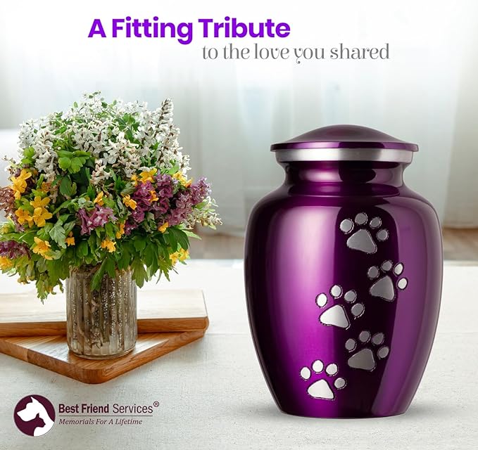 Ottillie Paws Legacy Series Pet Urn for Dogs, Handmade Aluminum Memorial Cremation Urn (X-Large - Pets up to 170 lbs, Deep Violet, Vertical Pewter Paws)