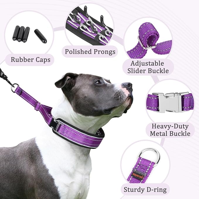 Mayerzon Prong Collar for Large Medium Dogs, Patented Reflective Pinch Collar with Metal Buckle, No Pull Adjustable Hidden Covered Dog Walking Training for Pitbull German Shepherd Doberman(Purple, L)