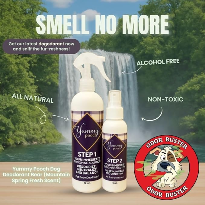 Yummy Pooch Dog Deodorant Bear (Mountain Spring Fresh Scent) - All-Natural 2-Step Odor Control & Coat Hydration - Includes Bandana & Travel Bag - Made in USA - 8oz and 4oz