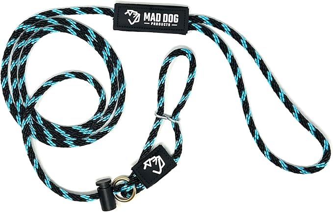 Mad Dog Products Easy Leader Dog Leash 1/4" x 8' Black/Sky Blue Signature Rope - Made in USA