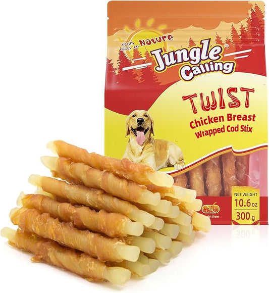 Jungle Calling Rawhide Free Dog Chews, Chicken Wrapped Cod Sticks Dog Treats, Soft Chewy Training Treats for Small Medium Dogs, 10.6 oz