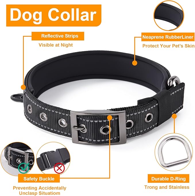 Annchwool Adjustable Dog Collar and 5 FT Leash Set with Heavy Duty Metal Buckle–Comfortable Lining Reflective Collar &Dual-Handles for Small Medium Large Dogs Walking,Running(Black Set,XL:22''-30'')