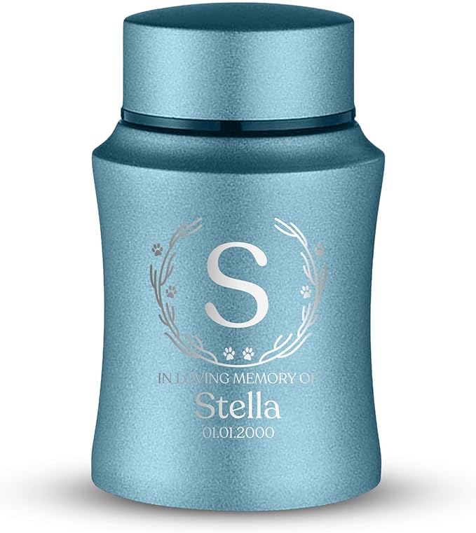 Customized Small Keepsake Urn Personalized Engraved with Pet Name, Date, and Text- 4" Powder Coated Cremation Mini Compact Urns for Dogs Ashes | 5–10 Lbs Capacity | Powder Blue, Wood Branch Border