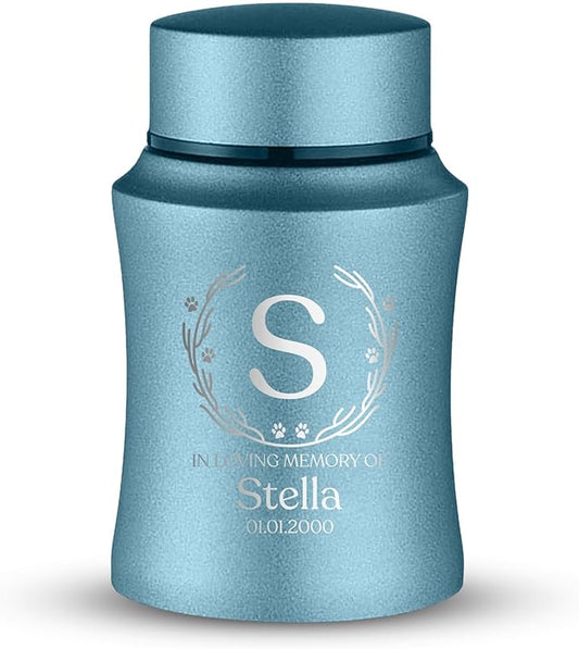 Customized Small Keepsake Urn Personalized Engraved with Pet Name, Date, and Text- 4" Powder Coated Cremation Mini Compact Urns for Dogs Ashes | 5–10 Lbs Capacity | Powder Blue, Wood Branch Border