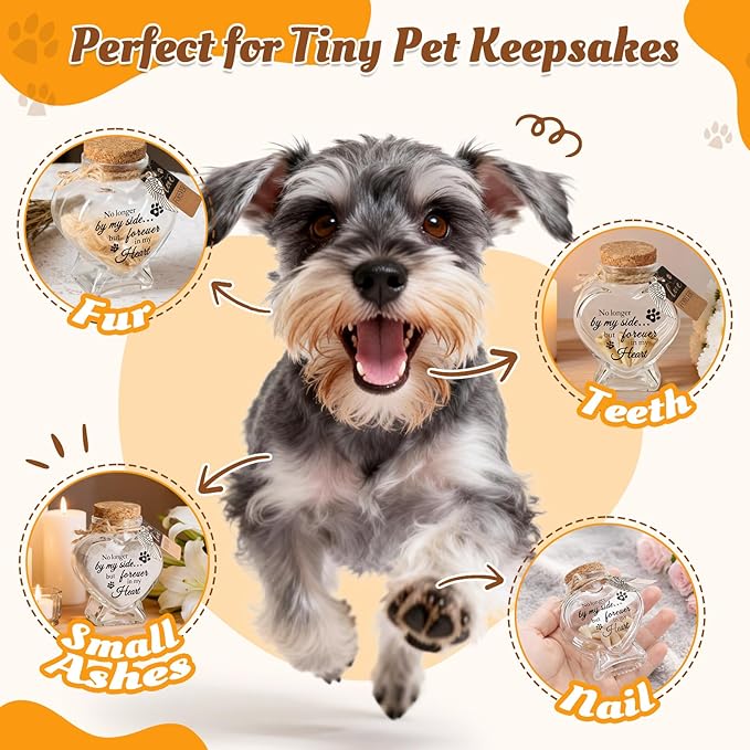 Pet Fur Keepsake Jar-Pet Memorial Gift for Loss of Dog or Cat, Heart-Shaped Glass Pet Hair Keepsake Bottle, Dog Fur Keepsake & Cat Fur Keepsake, Printed Quote Forever in My Heart”