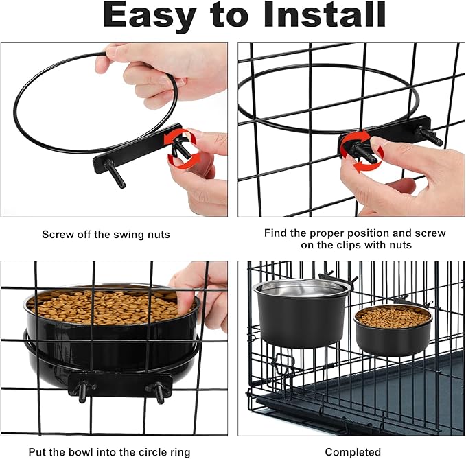 Crate Dog Bowls for Large Dogs, Removable Stainless Steel Dog Bowls for Food and Water, Pet Kennel Hanging Food Water Feeder Station for Medium/Large Pets, (7.1"x3.7" & 7.1"*2.6", Black)