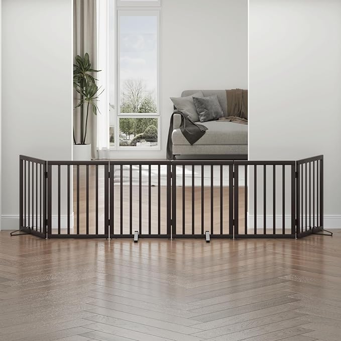 Dog Gates for Doorways, Foldable Dog Gate Indoor, Freestanding Pet Gates for Doorways Bedroom, Puppy Gate with Metal Support Feet, Room Divider 6 Panels (Brown)