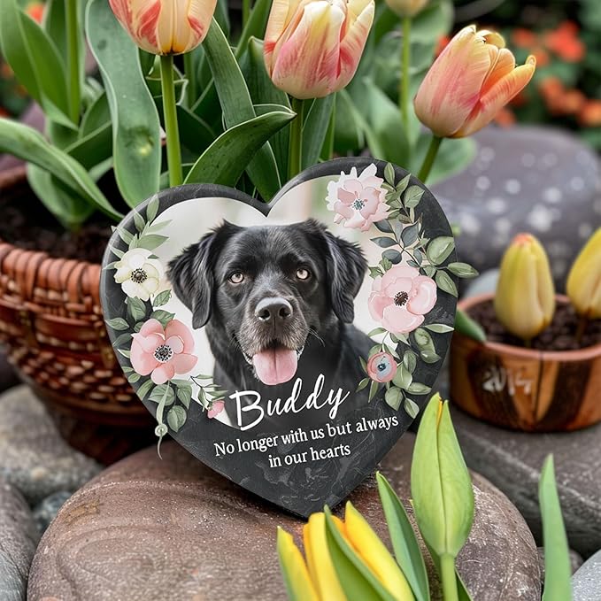 Custom Dog Memorial Stone with Photo & Name – Personalized Pet Headstone, Paw Print Keepsake Gift for Dog Loss, Outdoor Garden Slate Plaque