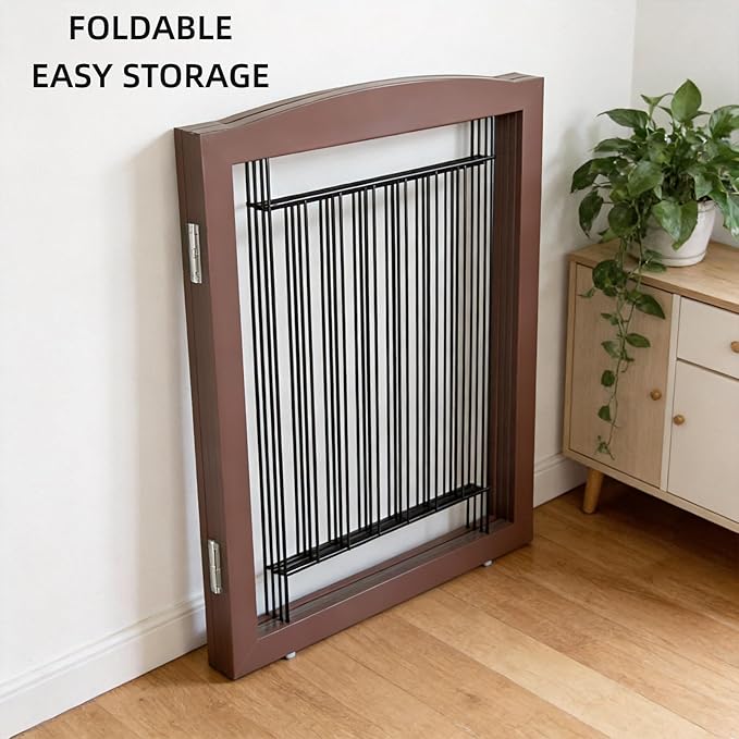 ZJSF Freestanding Dog Fence Indoor, Foldable Dog Gate for Doorways, Stairs or Hallways, Sturdy Wood Extra Wide Pet Gate with Support Feet for The House, Brown, 24 "Height-2 Panels