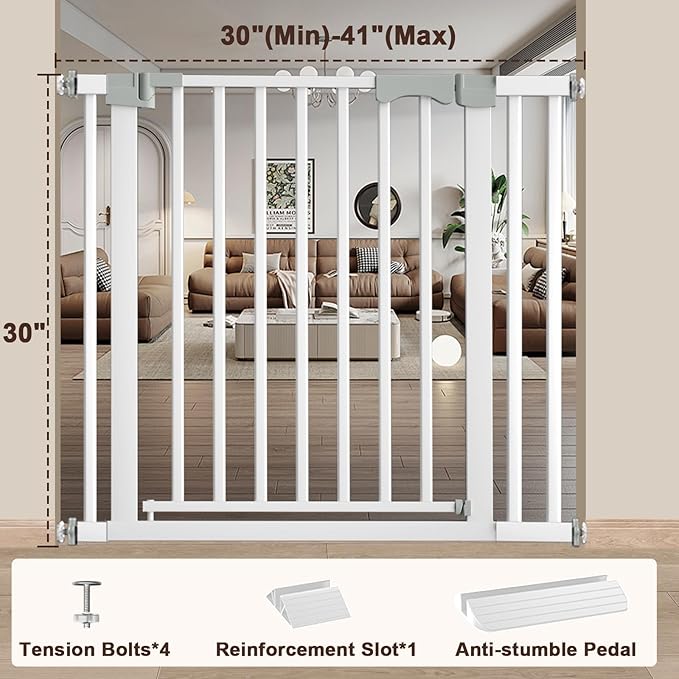 30-41 Inch Extra Wide Outdoor Baby Gate/Dog Gate, Indoor Pet Gate for Doorways, Hallways and Stairs No Drilling, Auto Close, Pressure Mounted Safety gate for Babies,Pets,White
