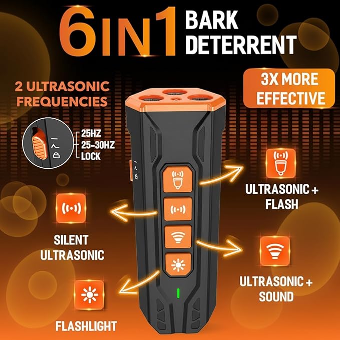 Dog Bark Deterrent Device with Training Clicker, 3X Ultrasonic Anti Barking Device for Dogs, 23FT Long Range, 6 Adjustable Modes, Rechargeable Stop Barking Dog Devices for Small, Medium & Large Dogs