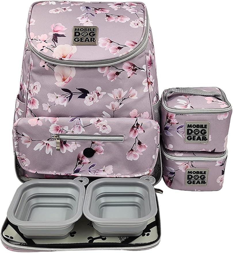 Mobile Dog Gear Week Away Dog Travel Bag Backpack (13"x7"x16", Floral) - Includes 2 Pet Food Storage Containers + 2 Collapsible Dog Water Bowls - Airline Approved Travel Accessories, Great for Trips