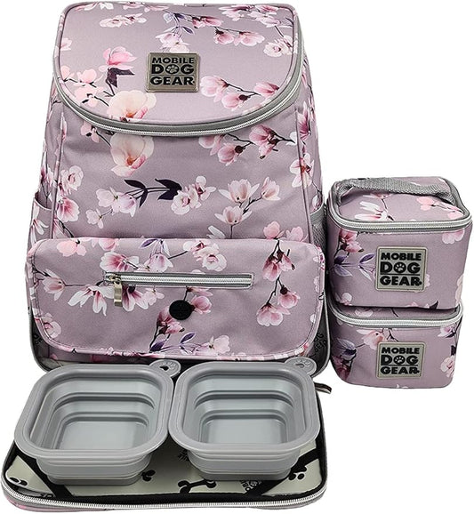 Mobile Dog Gear Week Away Dog Travel Bag Backpack (13"x7"x16", Floral) - Includes 2 Pet Food Storage Containers + 2 Collapsible Dog Water Bowls - Airline Approved Travel Accessories, Great for Trips