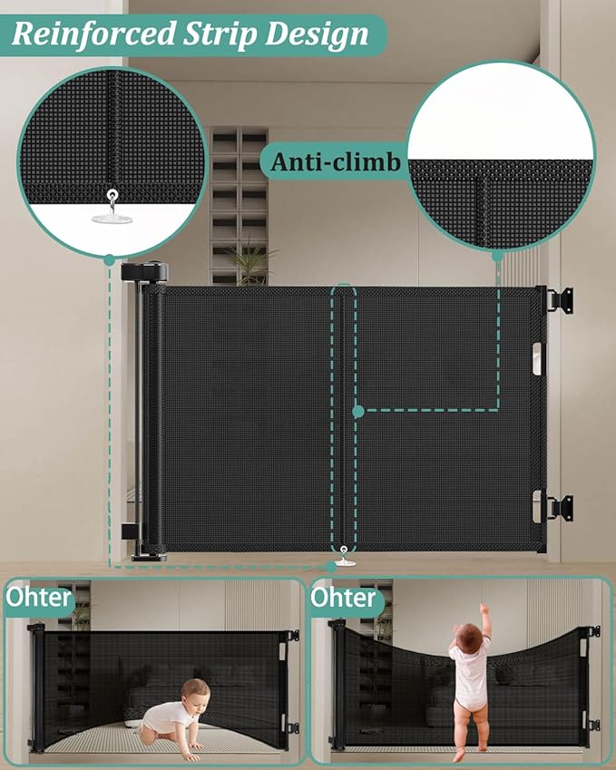 59 inch Retractable Baby Gates 42 inch Tall, Retractable Gate with Reinforced Strip Design to Prevent Crawling Through, 5 FT Retractable Dog Gate for Stairs, Doorways, Hallways, Indoor/Outdoor