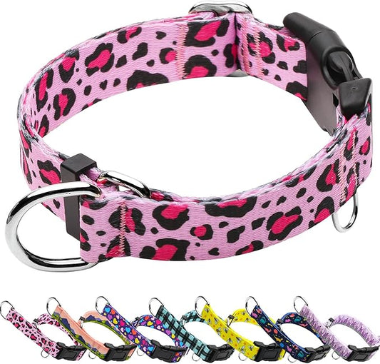 Martingale Collar for Dogs with Buckle No Pull Adjustable Nylon Limited Slip Training Dog Collars (Pink Leopard, Small)