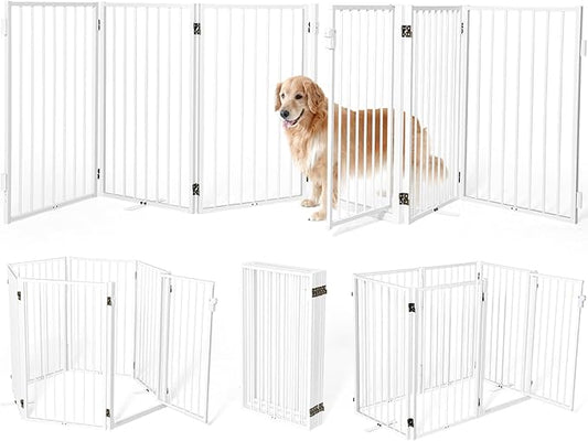 Metal Freestanding Dog Gates with Door for Outdoor Indoor,120'' Extra Wide 32'' Tall Free Standing Dog Gate for Doorways,Large Openings,Deck,Yard,Porch,Foldable Pet Fence(White,6 Panels)