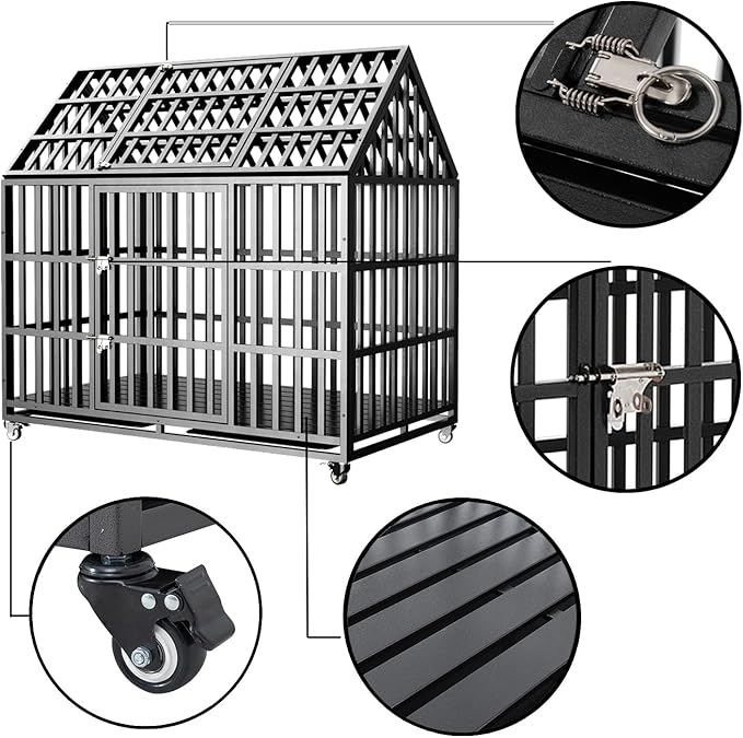 52 Inch Heavy Duty Dog Crate with Wheels, Indestructible Escape-Proof Dog Kennel with Reinforce Locks and Double Door, Extra Large XL XXL Cage Indoor for Large Giant Dog with Removable Tray