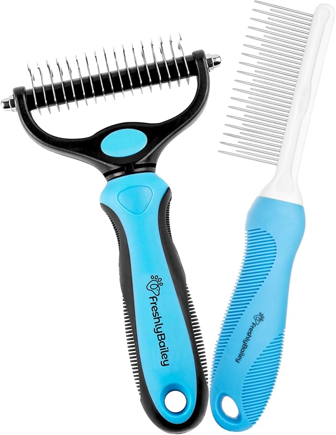Dog and Cat Dematting Brush and Comb Set - Perfect For Grooming Long Haired Cats & Dogs - Detangle Pet's Coat & Prevent Painful Matting