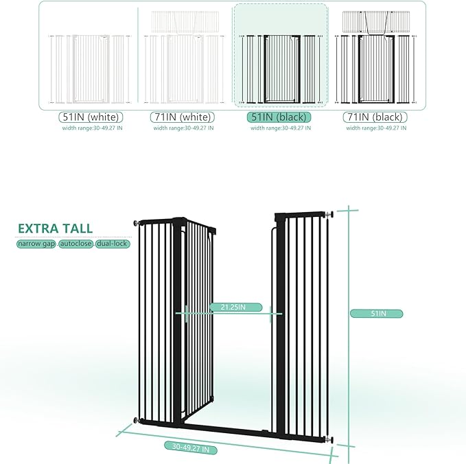 51" Extra Tall Cat Gate for Doorway Auto Close Encrypted Cat Gate 30"-49.27" Adjustable Width Pet Gate Include 5.5" and 8.26" Extension Kits No Drilling Pressure Mount Kit