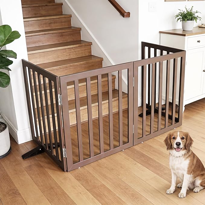 Dog Gate Indoor, Freestanding Dog Fence for The House, Doorways, Hallways,or Stairs,Pet Gate Foldable Wooden,Expandable 32" Height 2 Panels,Brown
