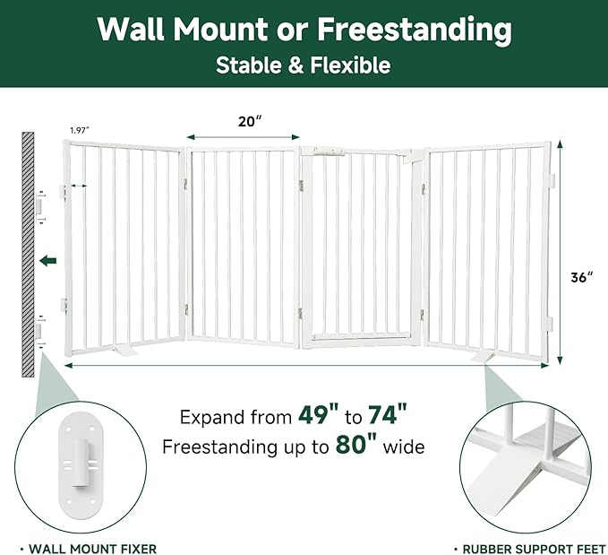 Snagle Paw Metal Freestanding Dog Gate with Door,80” W x 36” H Dog Fence with Support Feet for Doorways, Stairs and Hallways, Portable Pet Gate for Indoor Use (4 Panel, White)