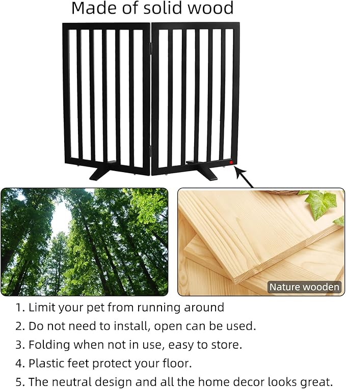Dog Gate Indoor, Freestanding Dog Fence for The House, Doorways, Hallways,or Stairs,Pet Gate Foldable Wooden,Expandable 32" Height 2 Panels,Black