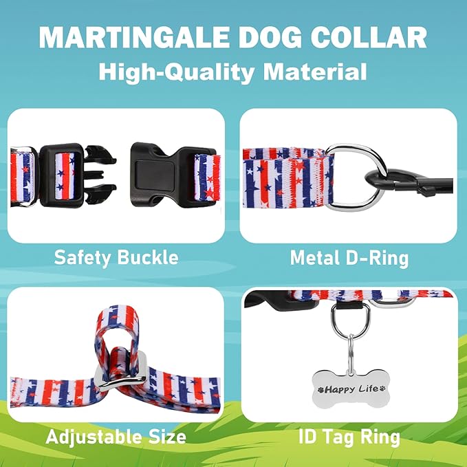 American Flag Martingale Collar 4th of July Star Holiday Dog Collar with Buckle Adjustable Pet Collars (Red Blue Patriotic Stripes, Large)