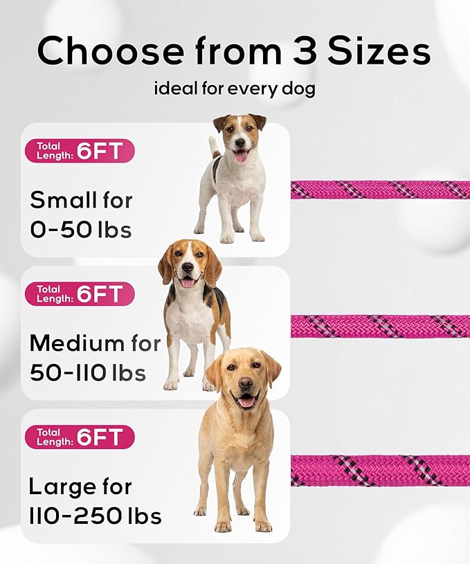 TagME Slip Leads for Dogs that Pull, 6 FT No-Pull Training Leash with Lock, Escape-Proof Design, Reflective & Padded Handle for Medium Dogs, Hot Pink