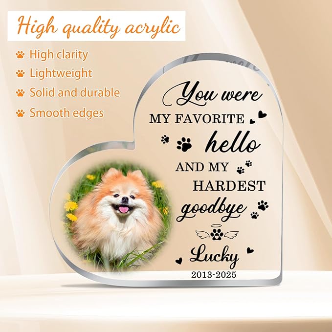 Pet Memorial Gifts for Dogs, Custom Dog Memorial Plaque, Pet Loss Sympathy Gift, Cat Memorial Gifts for Loss of Cat, Personalized Dogs Heart Shaped Acrylic Plaque Keepsake, Dog Passing Away Gifts