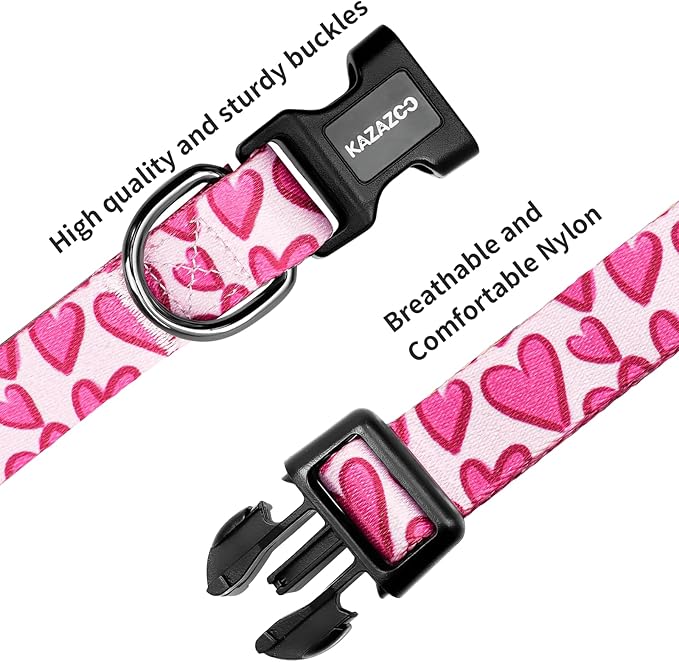 Kazazoo Dog Collar Cute and Soft Nylon Puppy Collar Girl, Adjustable Dog Collars for Small Medium Dogs, Hot Pink Heart-M
