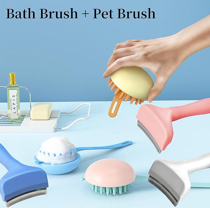 2 Pack Pet Grooming Set, Short Teeth Stainless Steel Deshedding Brush for Short-Haired Dogs and Soft Silicone Circular Bath Brush, Efficient Fur Removal and Gentle Cleaning (White, Large)