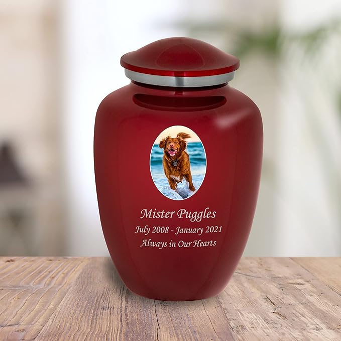 Homage Large Custom Photo Pet Cremation Urn for Pet Ashes - Vase Style Pet Urn - 200 Cubic Inch Capacity -Personalization Included (Crimson)