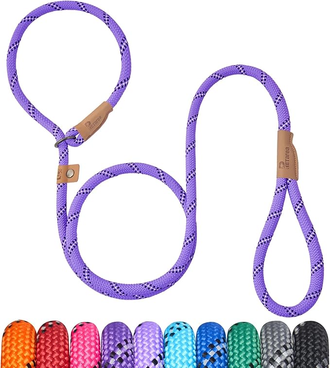 5 FT Slip Lead, Heavy Duty Rope Leash for Small to Large Dogs, No Pull Training Lead with Reflective Thread, Strong Comfortable Loop (Purple Stripe, Medium(3/8"))