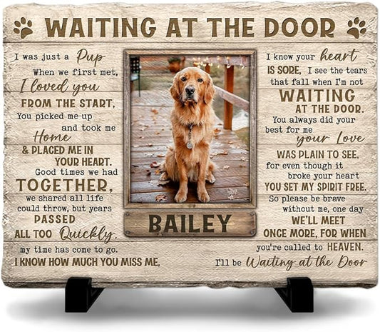 Dog Memorial Stone - Wait at The Door Personalized Stones in Memory of Beloved Dogs, Pets - Remembrance Dog Memorial Plaque with Custom Photo & Name - Bereavement Gift