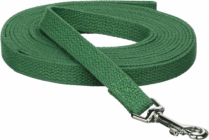 Cotton Dog Training Lead, 12ft, Green, Soft Woven Dog Training Leash for Obedience, Recall, and Control Training