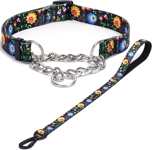 Martingale Dog Collar with Stainless Steel Chain - Limited Chain Cinch Training Collar for No Pull Training Dog - Flower Multicolor Cute Patterns - Premium No Slip Collar (L, Black Set)