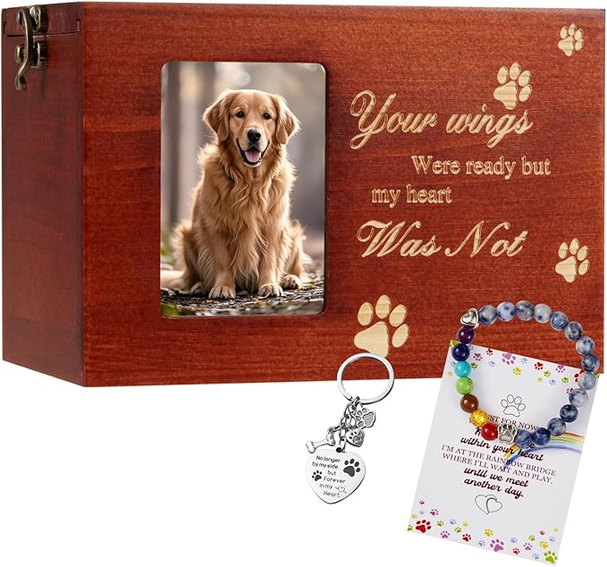 Pet Urns for Dog or Cat Ashes Sets Pet Cremation Urns Medium Wooden Keepsake Memory Box with Photo Frame with Black Flannel Lining Rainbow Bridge Keepsake Loss Pet Memorial Remembrance Gift