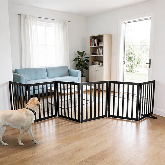 Dog Gate Indoor, Freestanding Dog Fence for The House, Doorways, Hallways,or Stairs,Pet Gate Foldable Wooden,Expandable 24" Height 6 Panels,Black