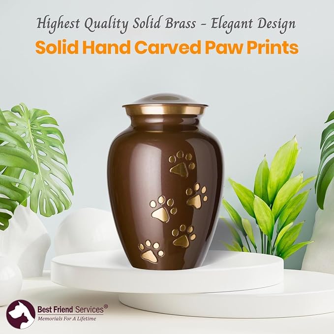 Ottillie Paws Legacy Series Pet Urn for Dogs, Handmade Brass Memorial Cremation Urn (Medium - Pets up to 65 lbs, Harvest Brown Vertical Brass Paws)