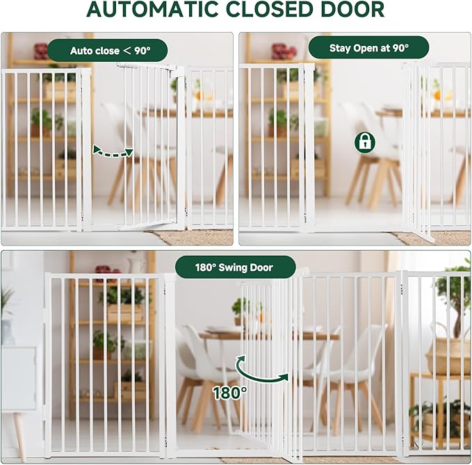 Snagle Paw Metal Freestanding Dog Gate with Door, 80” W x 24” H Dog Fence with Support Feet for Doorways, Stairs and Hallways, Portable Pet Gate for Indoor Use (4 Panel, White)
