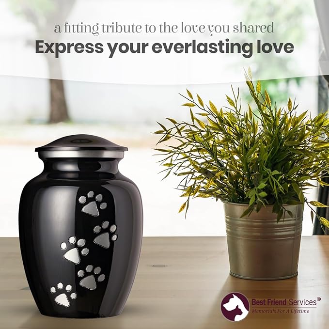 Ottillie Paws Legacy Series Pet Urn for Dogs, Handmade Aluminum Memorial Cremation Urn (Large - Pets up to 115 lbs, Ebony, Vertical, Pewter Paws)