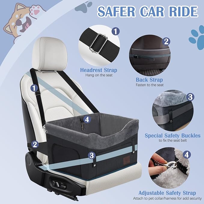 PetsHome Dog Car Seat for Small Dogs, Detachable Washable Pet Booster Seat with Storage Pocket, Breathable Mesh, Safety Leash, Adjustable Straps for Small Pets Up to 25lbs-Black