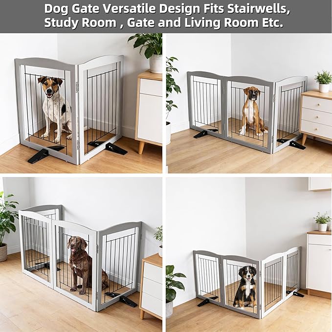 Dog Fence Indoor,Dog Gate Indoor for Doorway pet gate -2-Panel Freestanding, Hallways, House or Stairs -40x24-Inch Retractable Foldable Expandable Wood Pet by SFJC (Grey) ﻿