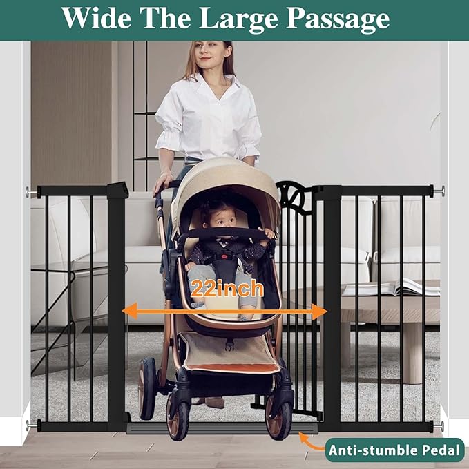 Black Baby Gate with Door-Walk Through Baby Gates for Stairs Pressure Mounted no Drill-Indoor Tension Metal Child Pet Dog Safety Gate 35.04"-37.80" Wide